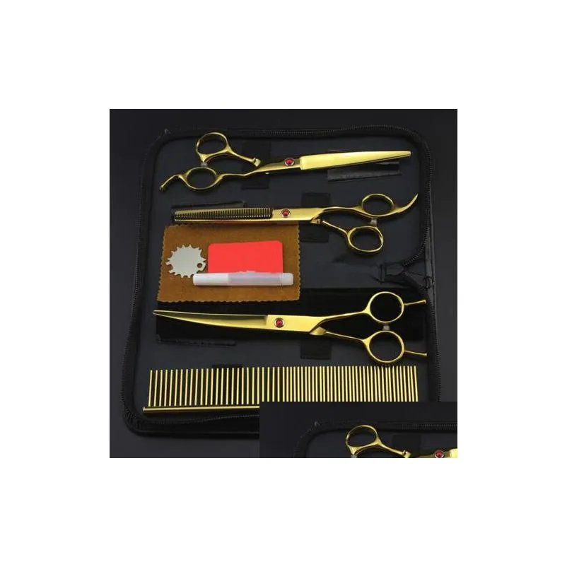 4 kits professional gold pet 7 inch shears cutting hair scissors set dog grooming clipper thinning barber hairdressing scissors