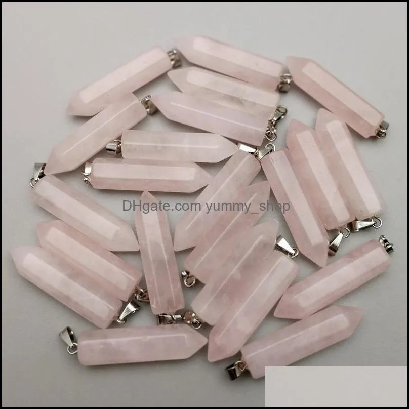 natural stone hexagon prism charms rose quartz pendants pink crystal pendants clear gem stone fit necklace making assorted