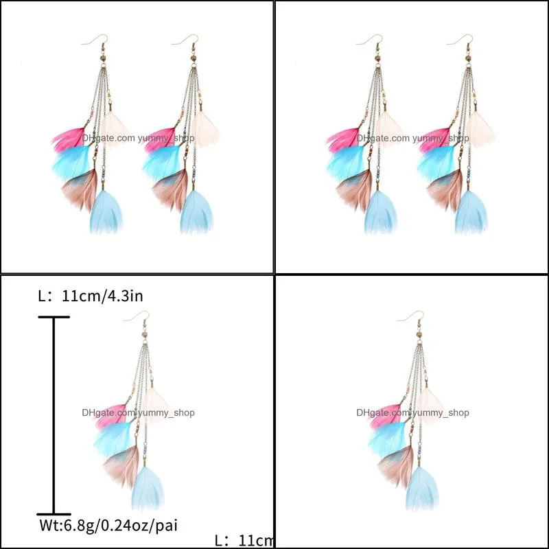 bronze chain long earrings feather colorful party elegant trendy queen earrings long feather earrings for women