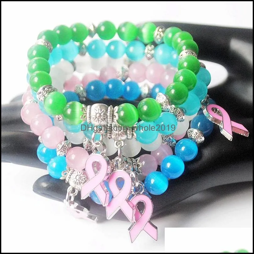 breast cancer awareness pink ribbon charm bracelet 5 color cat eye opal 8mm beads bracelets bangle