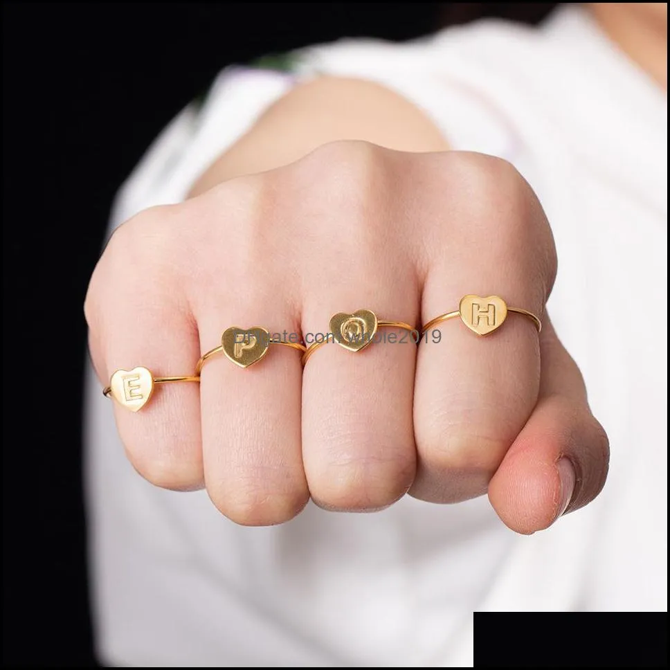 open gold heart love 26 letters ring stainless steel knuckle rings for women men lover friend couple jewelry
