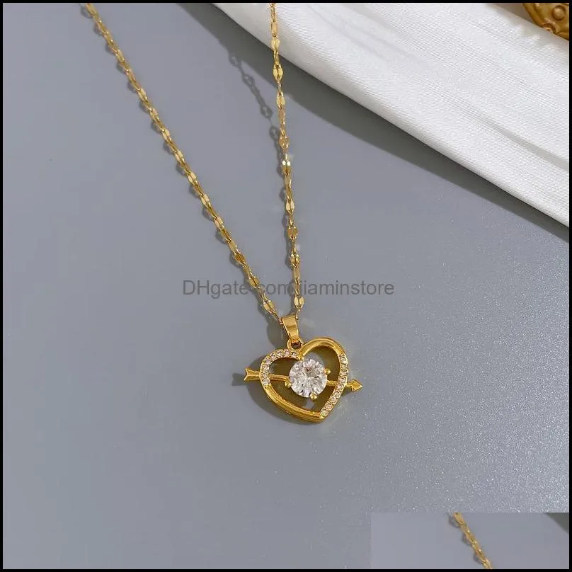 gold plated heart moon shape pendant necklace for women jewelry titanium steel zircon necklace luxury design korean elegant wholesale