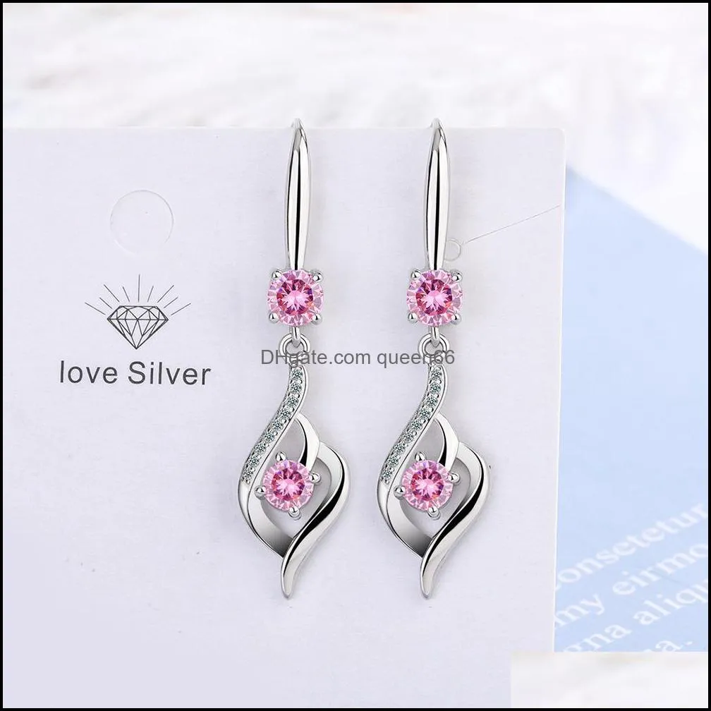 s925 stamp silver plated crystal charms pink blue white zircon earrings tassel hook type womens fashion jewelry earrings wedding party