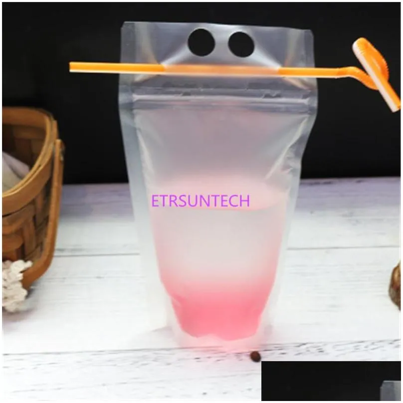 450 ml 7 style plastic drink packaging bag pouch for beverage juice milk coffee with handle and holes for straw lx0608