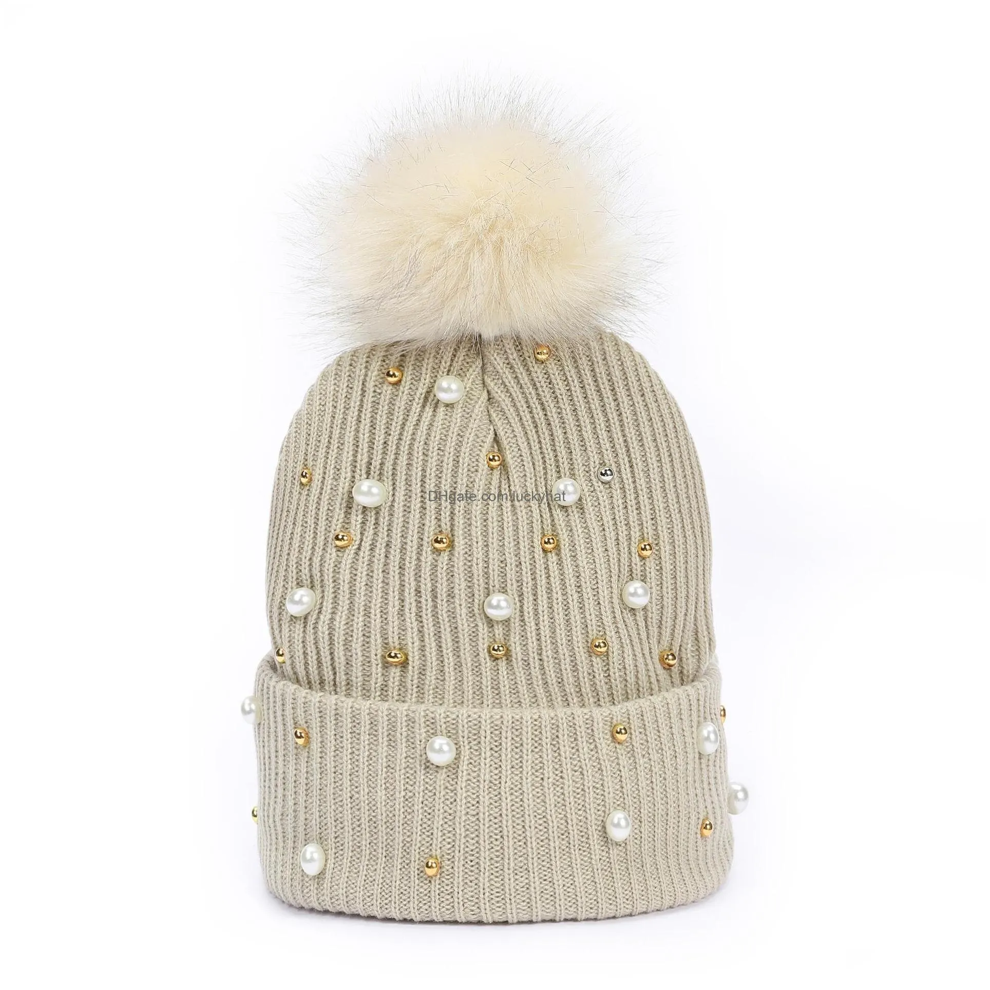 autumn winter women knitted hat faux pearl beads rivets warm beanie wool ball caps knitting hats