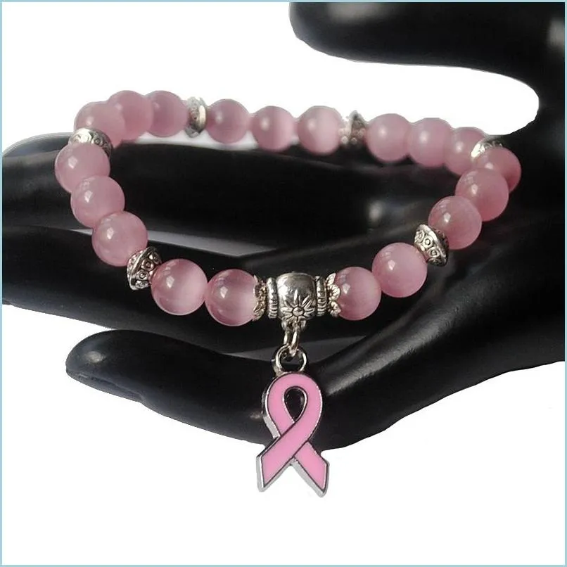breast cancer awareness pink ribbon charm bracelet 5 color cat eye opal 8mm beads bracelets bangle