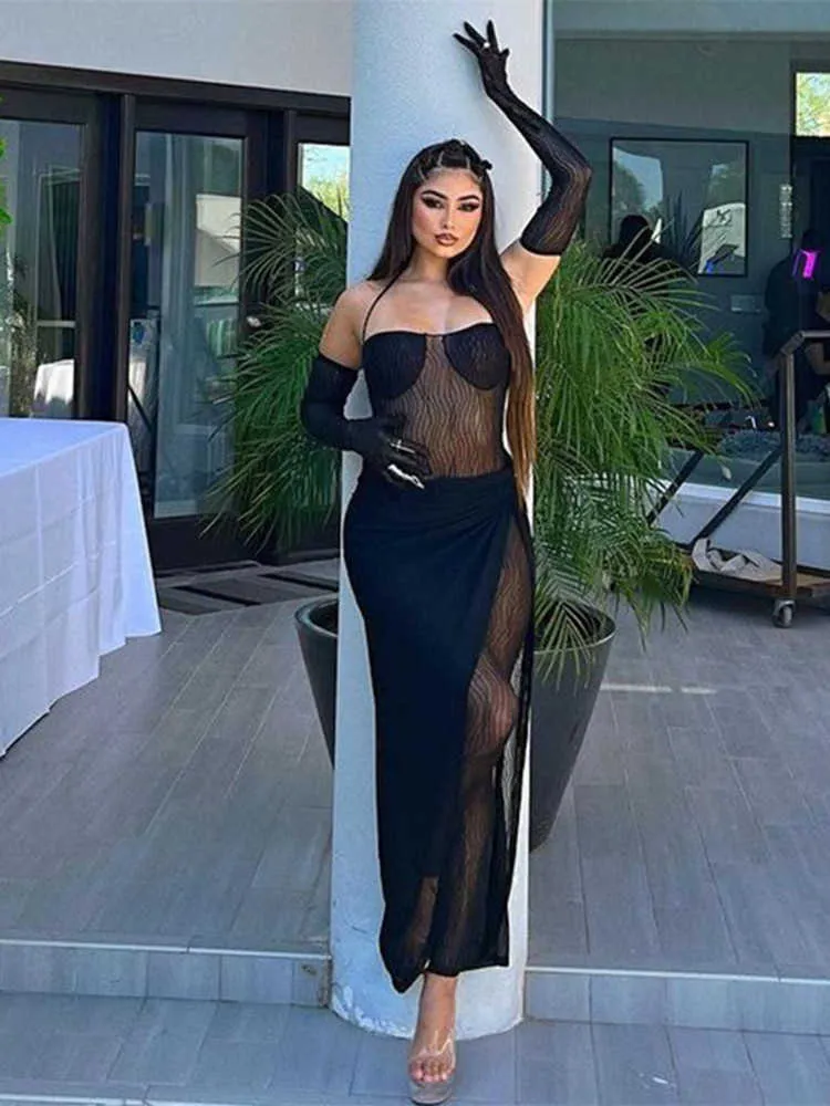 Two Piece Dress See Through Two Piece Set Women Solid Halter Lace Up Skinny Jumpsuits With Sleeve Sexy Split Skirt Lady Clubwear Outfits T230113
