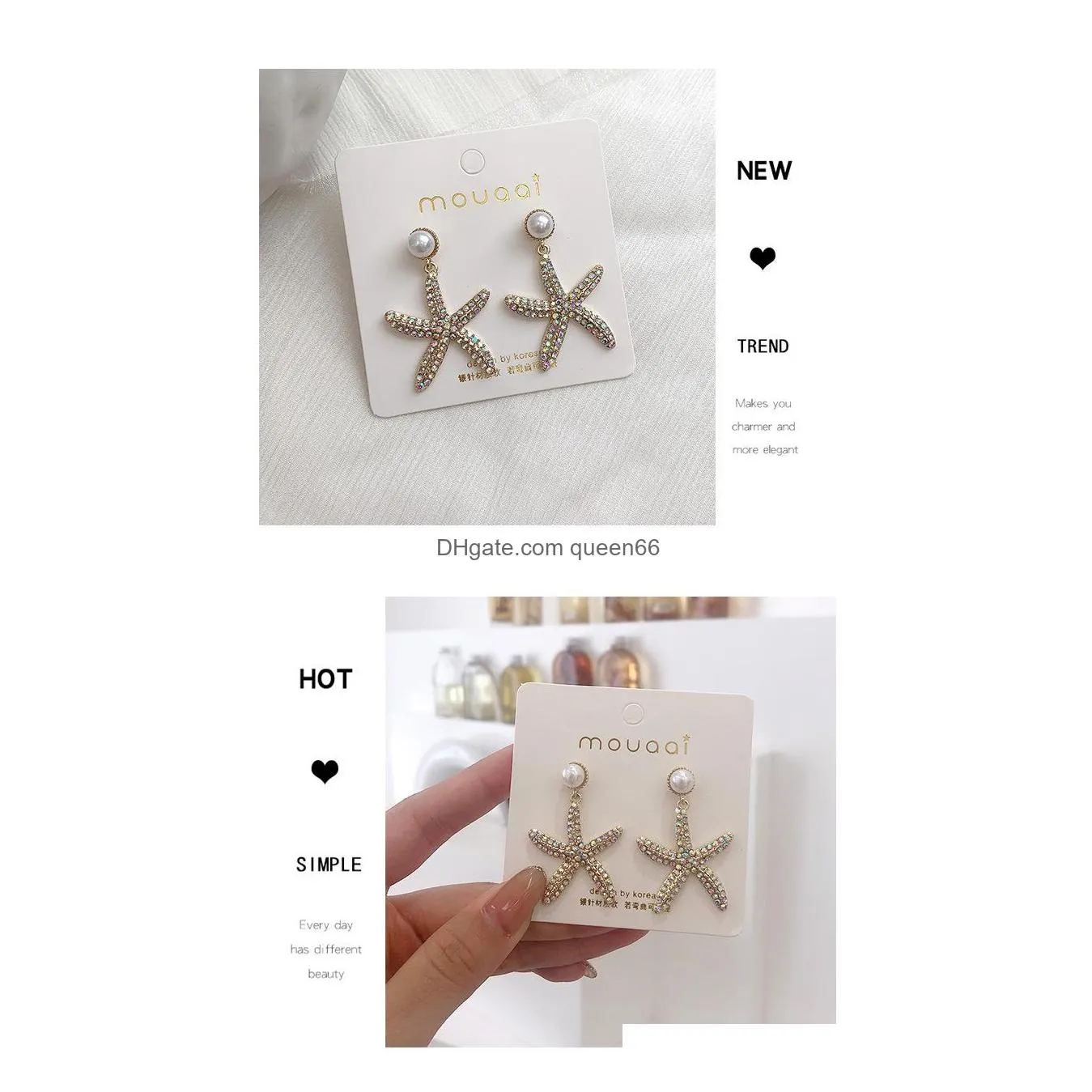 fashion jewelry s925 sliver post earrings rhinstone starfish dangle faux pearl stud earrings