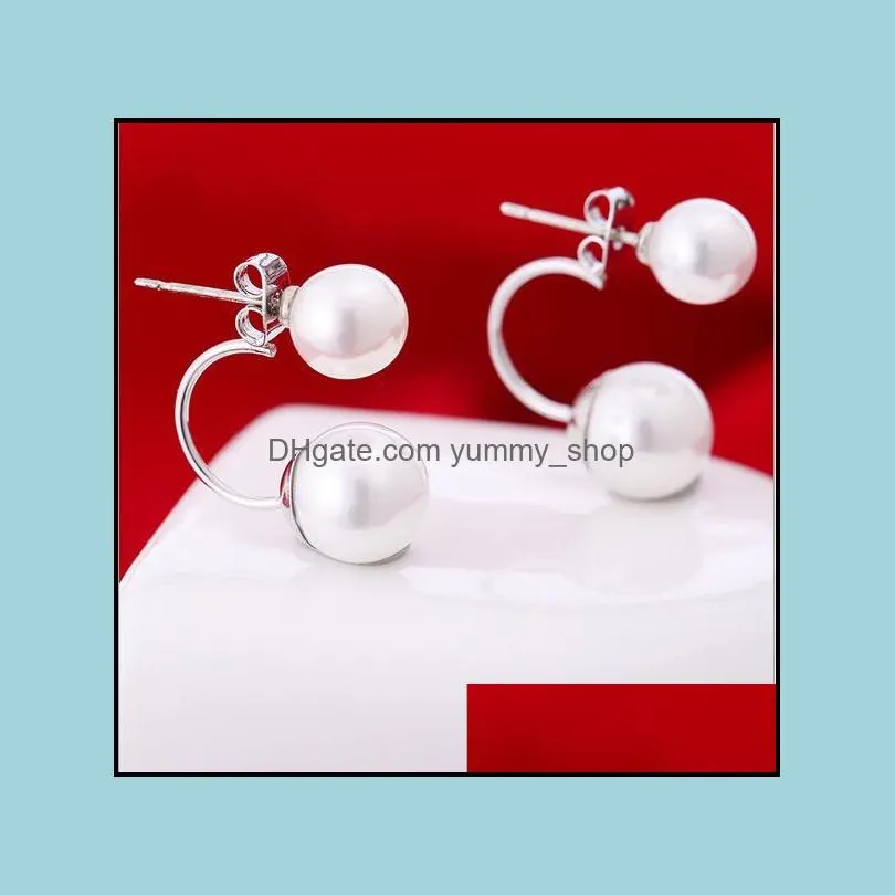 korean women jewelry 925 sterling silver plated jewelry freshwater ball shape double sided pearl women stud earrings