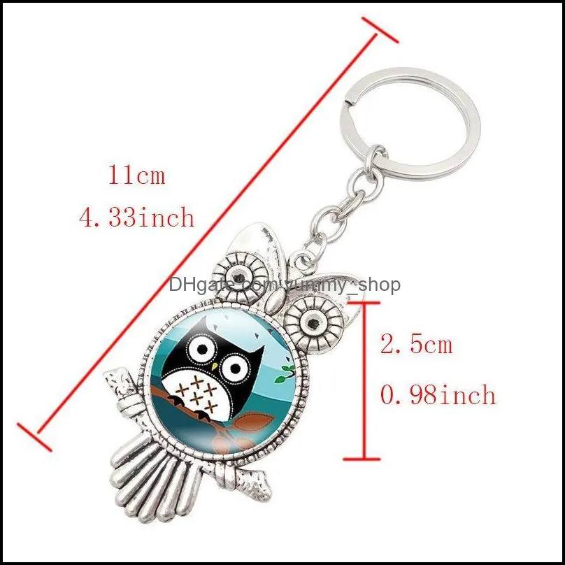 ancient silver owl shape owl glass cabochon keychain key rings holder bag hangs fashion jewelry will and sandy drop ship