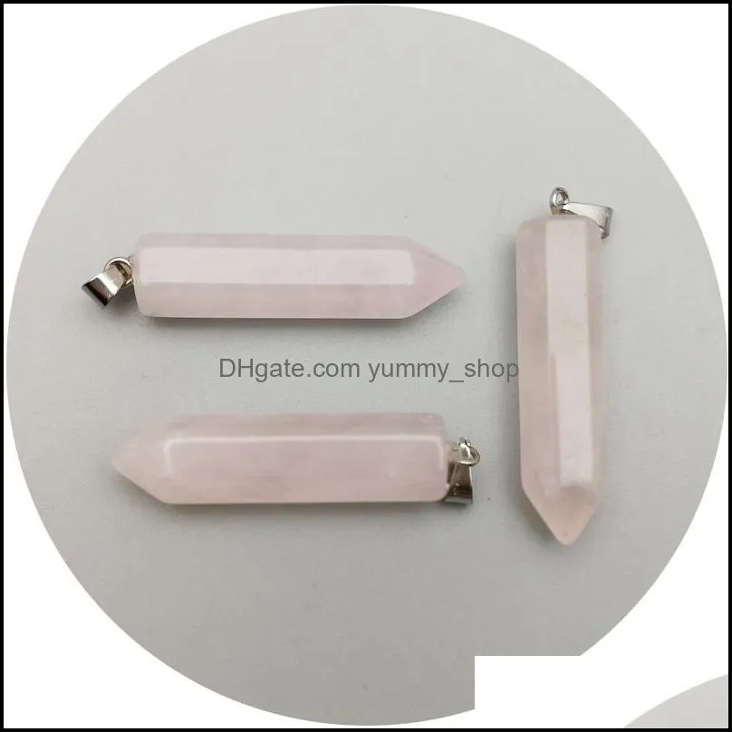 natural stone hexagon prism charms rose quartz pendants pink crystal pendants clear gem stone fit necklace making assorted