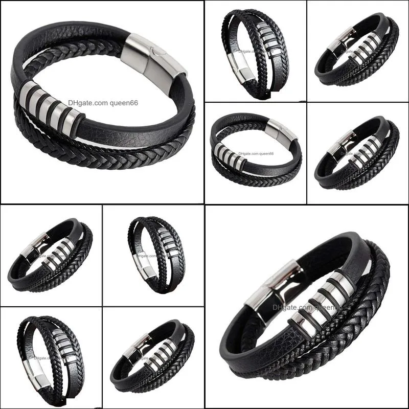 stainless steel charm magnetic black men bracelet leather genuine braided punk rock bangles jewelry