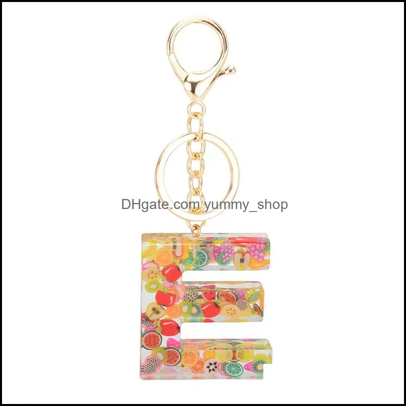 26 english resin letters keychain for women cute fruit series pendant bag charms european popular car key ring jewelry