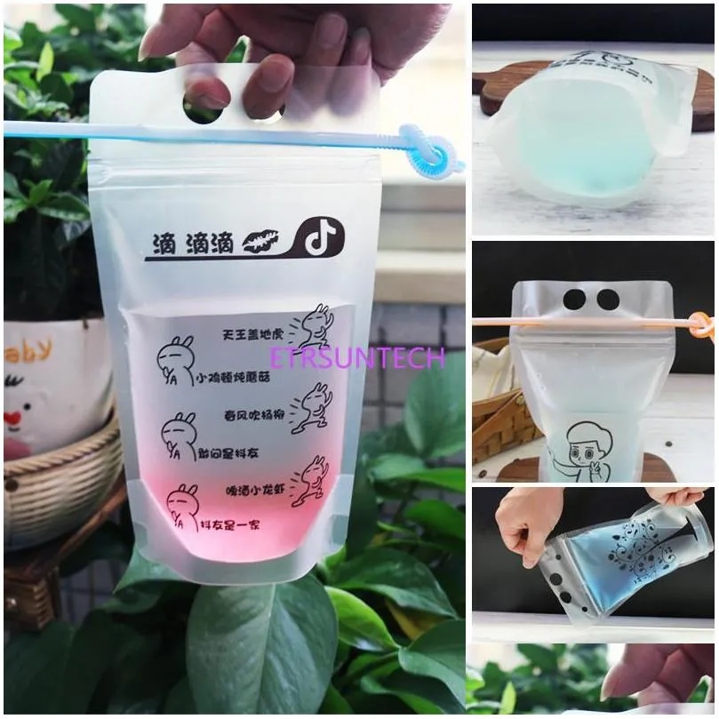 450 ml 7 style plastic drink packaging bag pouch for beverage juice milk coffee with handle and holes for straw lx0608