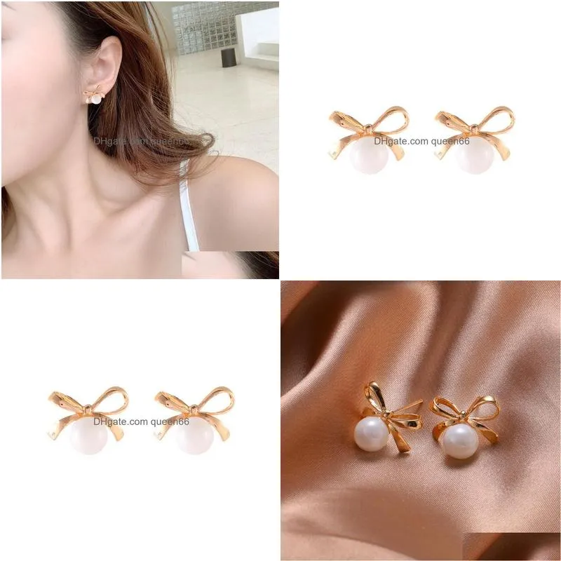 fashion jewelry vintage bowknot pearl stud earrings womens cute bowknot earrings