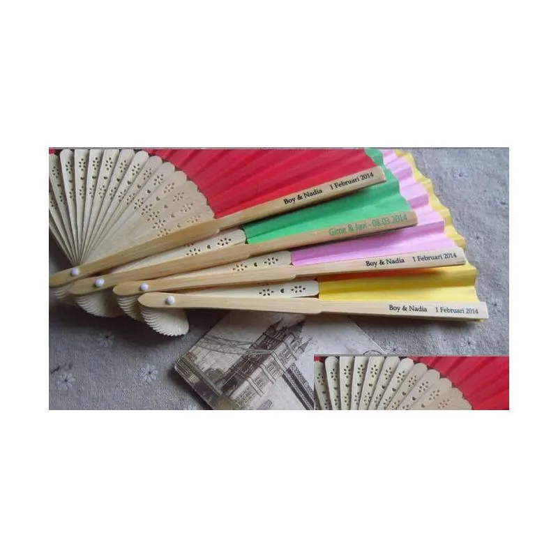 100pcs/lot personalized luxurious silk fold hand fan in elegant lasercut gift box addparty favors/wedding giftsaddprinting