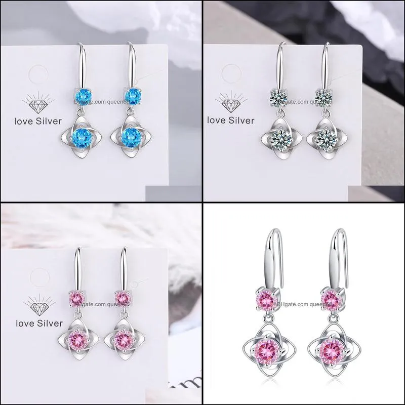 s925 stamp silver earrings flower charms blue pink white zircon earring jewelry shiny crystal tassel hoops piercing earrings for women wedding party