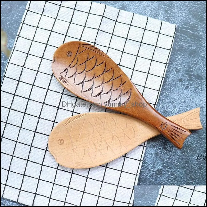 wooden fish shape soup spoon with pattern soups spoons thickened rice scoop hotel dining room cooking scoops kitchen tool rrb14709