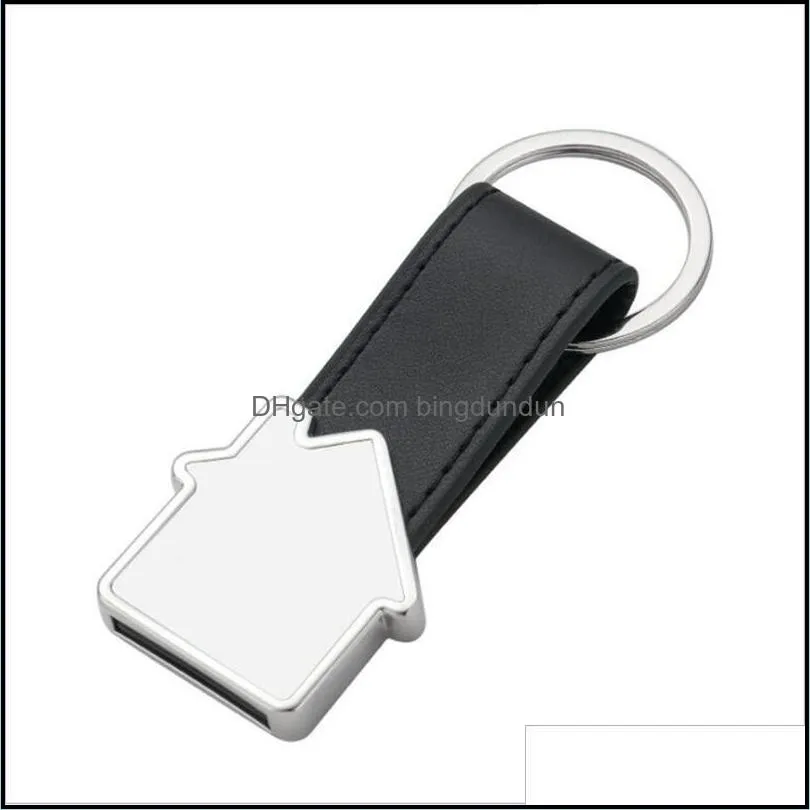 newdhs personalized metal keychain favor sublimation houseshape keyring with pu leather ring unique rectangle souvenir key pendant