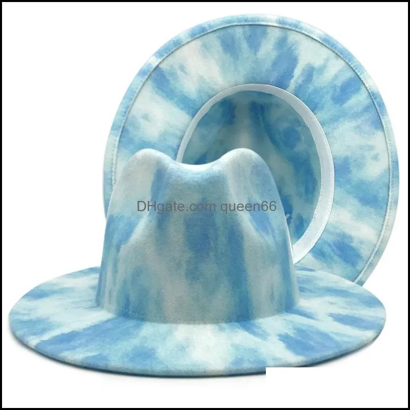 sping new women men wool felt jazz fedora hats with double sided tie dye wide brim jazz church panama colorful cap 296 q2