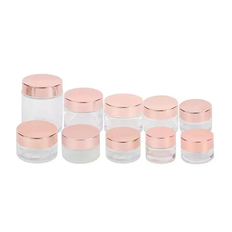 frosted glass cream jar clear cosmetic bottle lotion lip balm container with rose gold lid 5g 10g 30g 50g 100g packing bottles