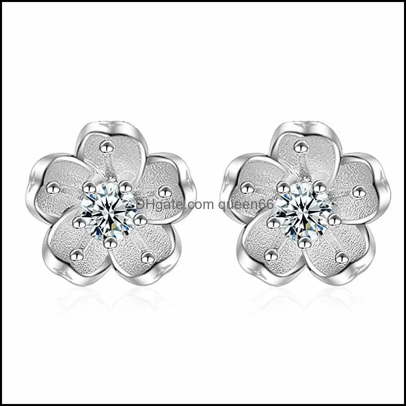 cherry blossom crystal earrings ladies brilliant small  temperament silver stud earrings handmade diamond earrings