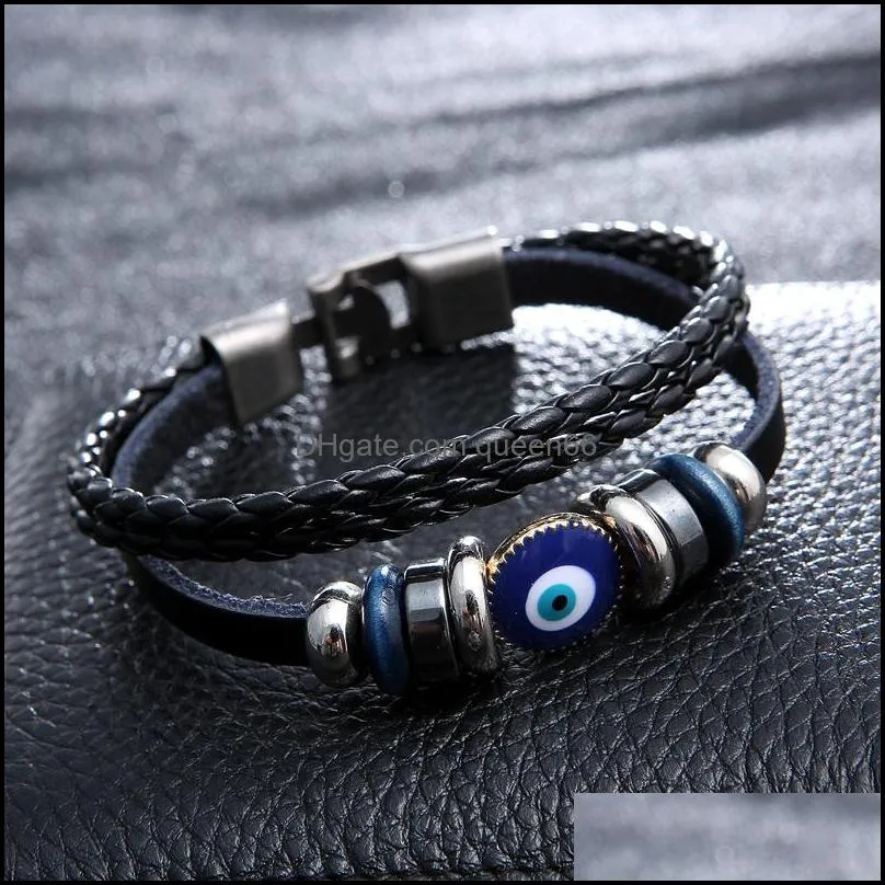genuine leather bracelets for men vintage blue eye jewelry handwoven bracelet