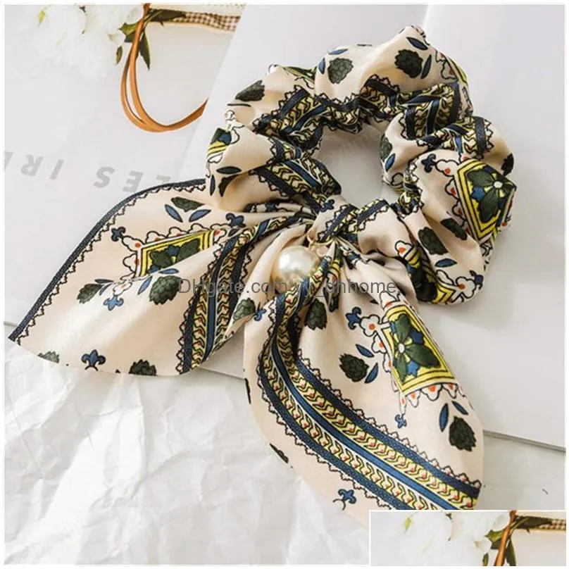 chiffon bowknot silk hair scrunchies women pearl ponytail holder hair rope rubber bands hair accessories