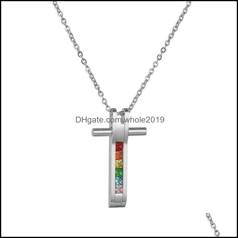 charms drop fashion stainless steel rainbow diamonds pendant gold color same sex couple jewelry unisex cross necklace