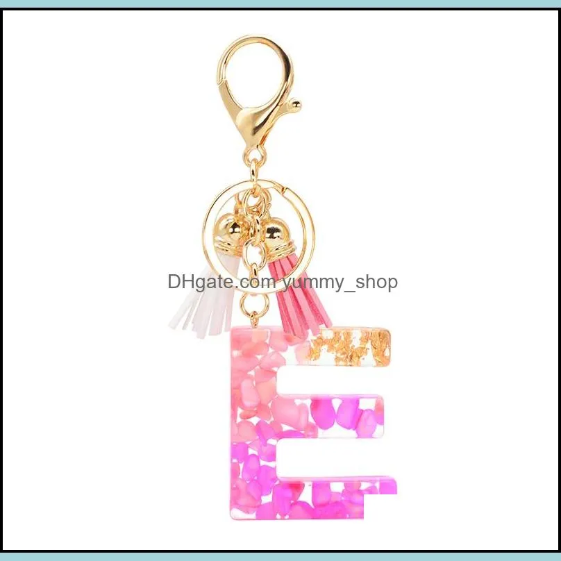 fashion english letter keychain resin pink stone with tassels foil filling pendant key chain handbag charms for woman