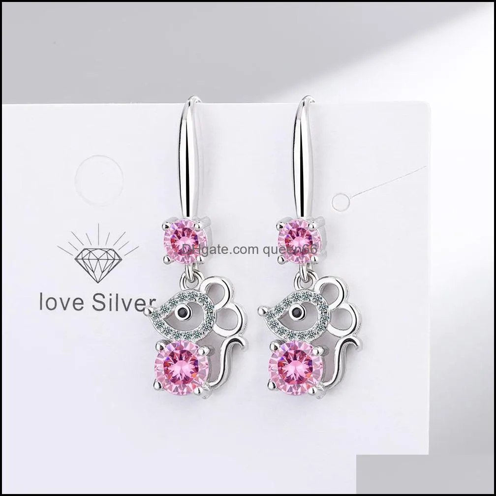 s925 stamp silver plated earrings cut mouse charms blue pink white zircon earring jewelry shiny crystal hoops piercing earrings for women wedding party
