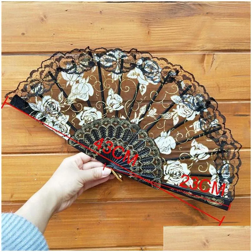 lace dance fan show craft folding fans rose flower design plastic frame silk hand fan