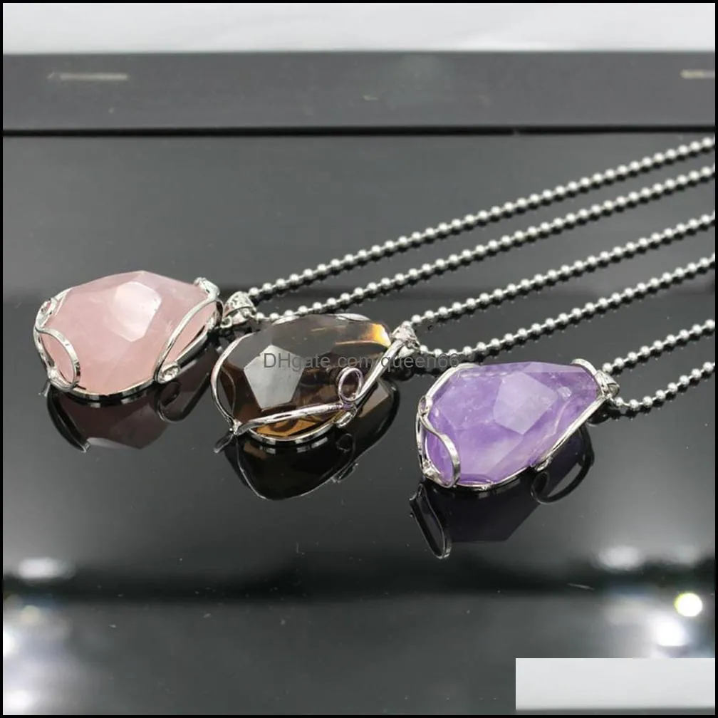 silver plated wire wrap irregular necklace cut gemstone healing energy natural crystal pendant necklaces amethyst powder tea