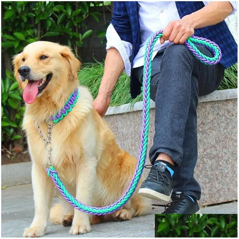 dog collars double strand rope national color mix large leashes adjust collar metal buckle pet 1.2m length traction suit big dogs