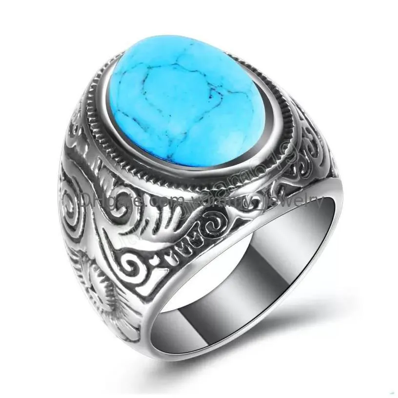 antique silver plated ring retro court turquoise tiger eye titanium steel rings jewelry for men