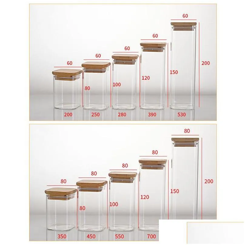 transparent square glass food storage canisters clear jars bottles for grain cereals beans nuts glass bottles with bamboo lid 120pcs