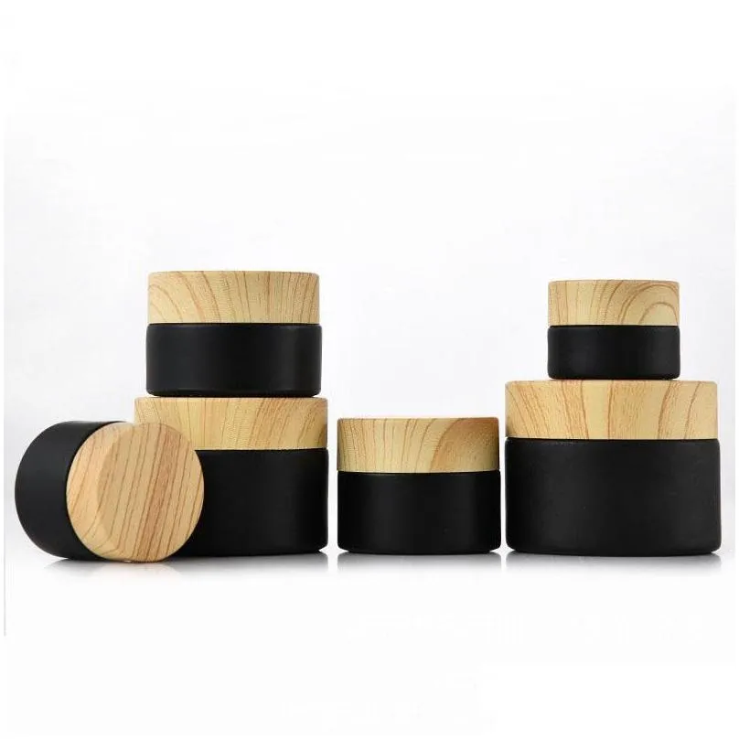 black frosted glass jars cosmetic jars with woodgrain plastic lids pp liner 5g 10g 15g 20g 30 50g lip balm cream