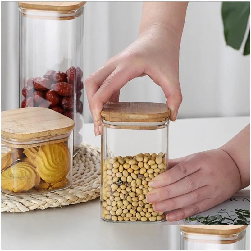 Transparent Square Glass Pantry Storage Jars With Bamboo Lid For Grain