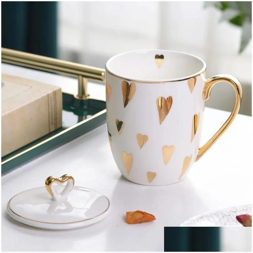 ups mugs pretty heart mug with lid porcelain gold decoration cute coffee tea milk cup office drinkware birthday gfit for her mom