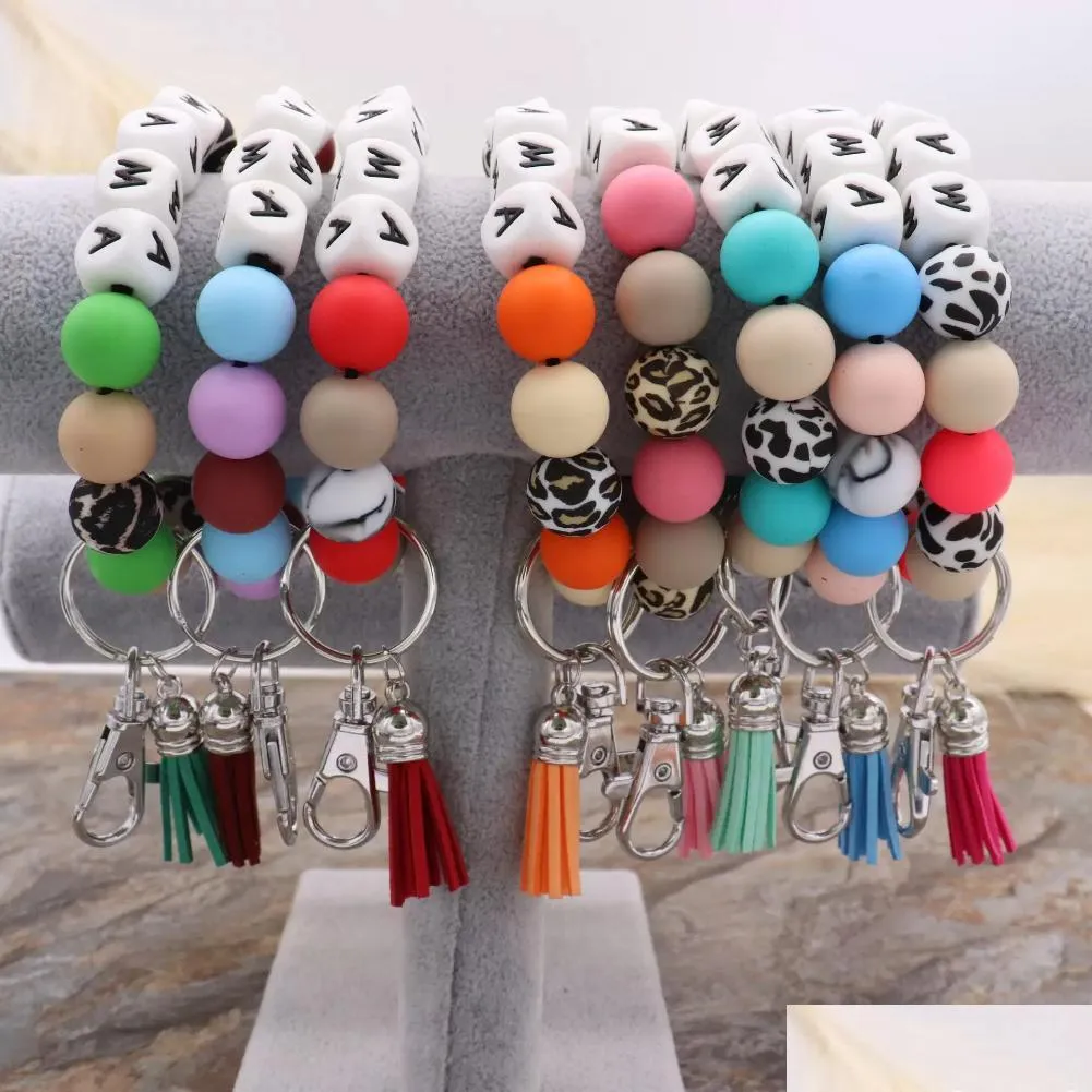 ups mama silicone beads bracelets keyring alloy party favor food grade wristbands beech tassel keys chain pendant leather pendant