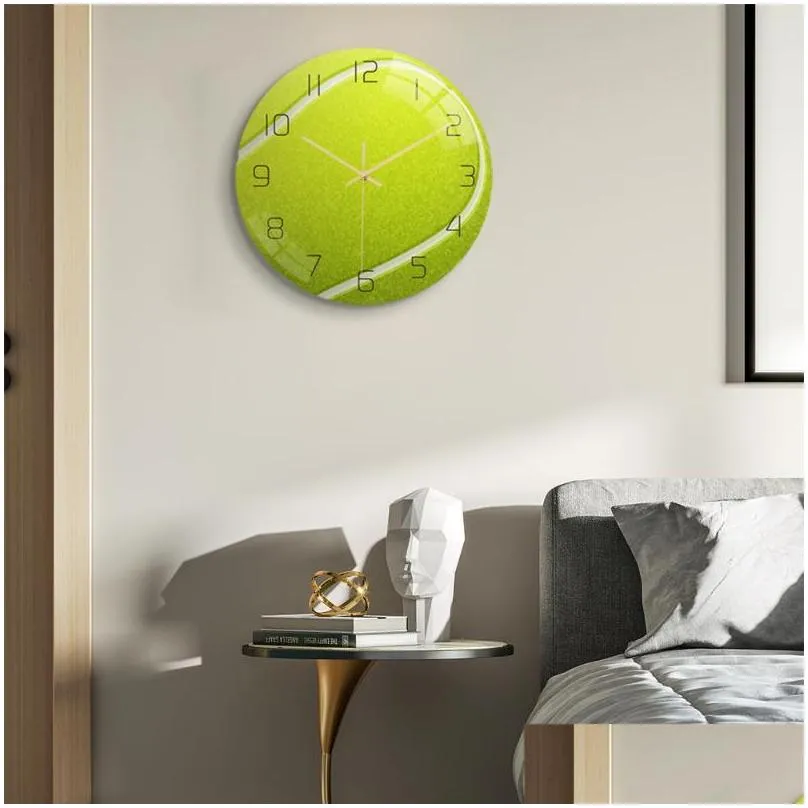 home decor mute quartz wall clocks plexiglass surface acrylic sport tennis ball plate fan living room