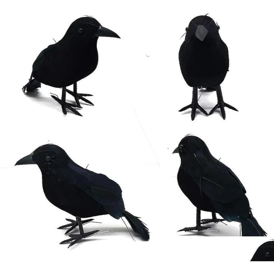 party decoration halloween simulation feather crow pendants fake black flocking bird artificial scary props home haloween decor