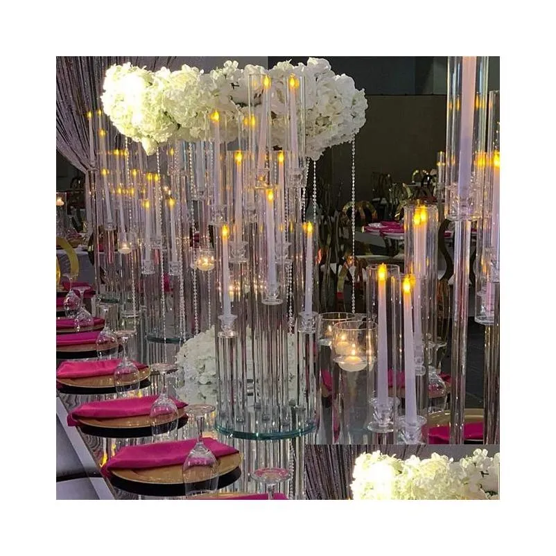 party decoration wholesale 10 arms long stemmed modern clear acrylic tube hurricane crystal candle holders wedding table centerpieces