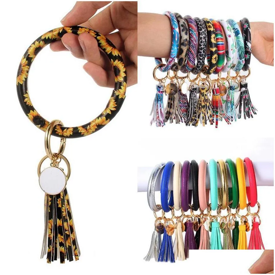 fedex pu leather bracelet keychain sunflower leopard wristlet key ring tassel bangle keychain pendant party favor