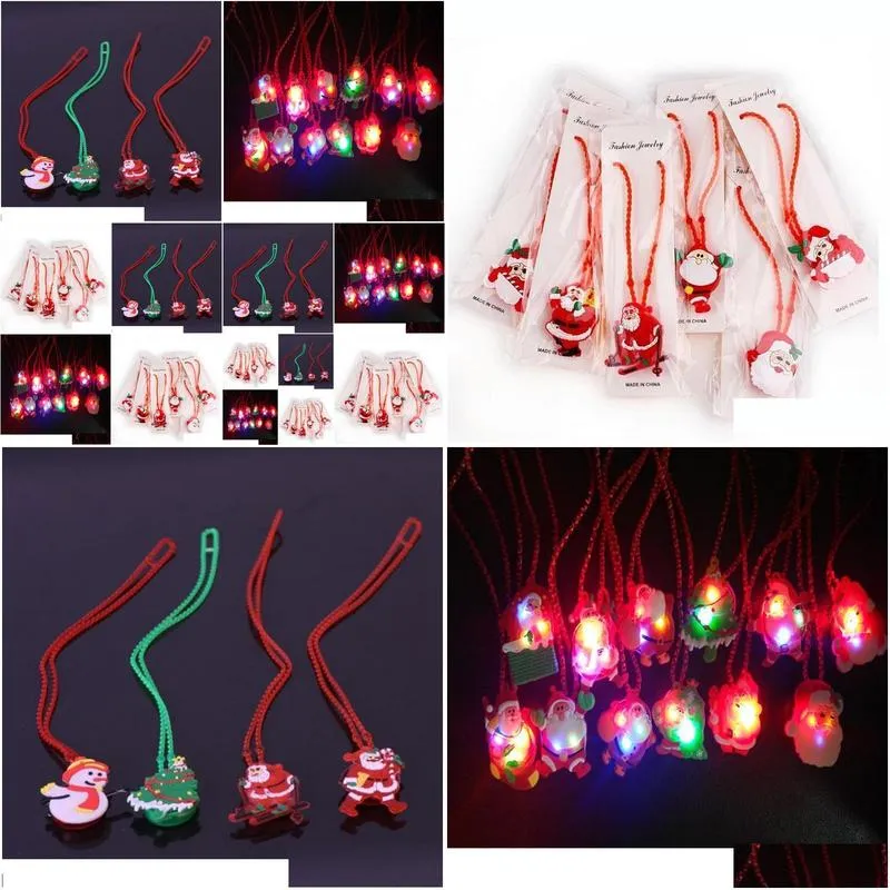 2021 christmas light up flashing necklace children kids glow up cartoon santa claus pendant party xmas decorations