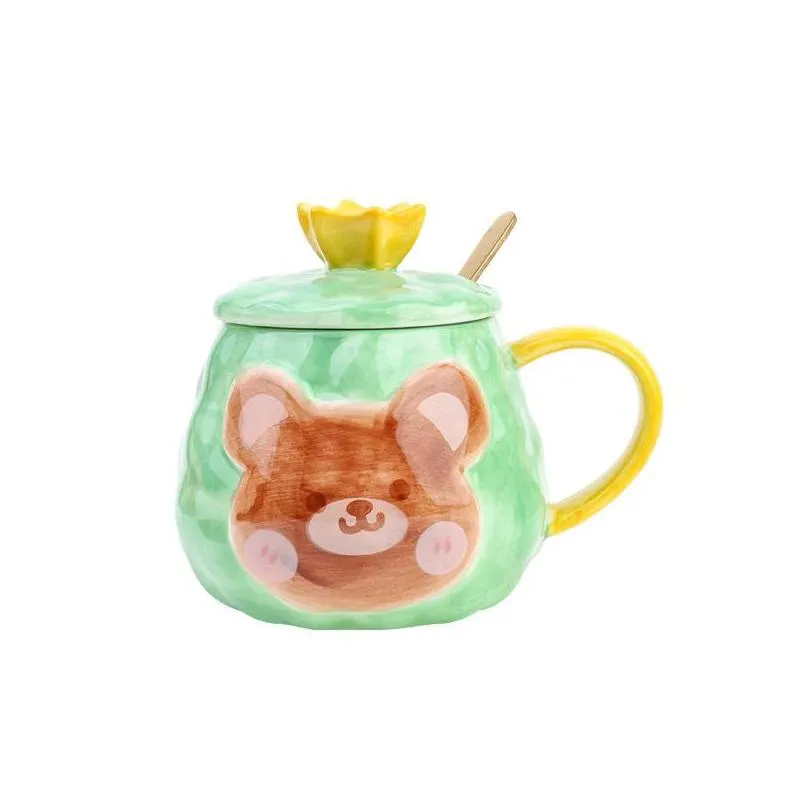 creative cartoon cup bear handpainted ceramic mug with cover couple home office coffee milk cup