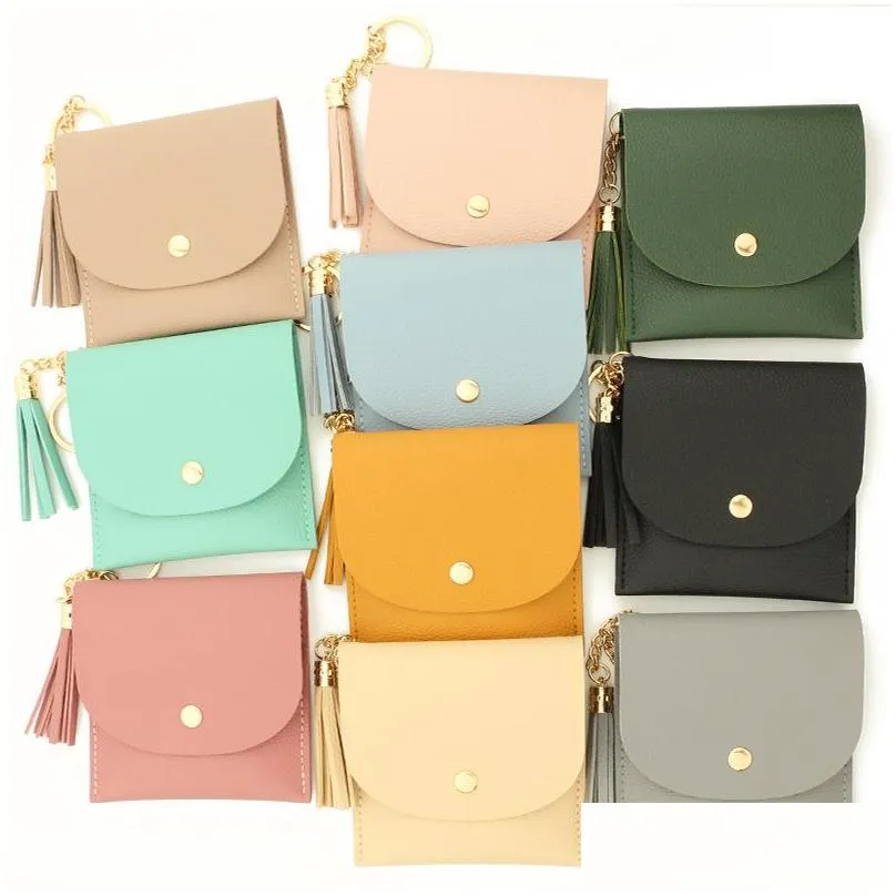 fedex solid color card bag key chain wallet leather tassel multi card position zero wallet pu leather card cover for crossborder