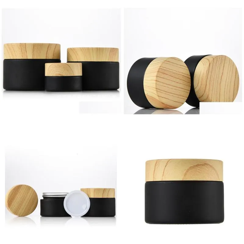 black frosted glass jars cosmetic jars with woodgrain plastic lids pp liner 5g 10g 15g 20g 30 50g lip balm cream containers