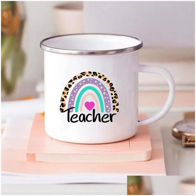 rainbow teacher printed enamel mug creative retro coffee water cups drink dessert milk cup mugs handle drinkware teacher gifts 220