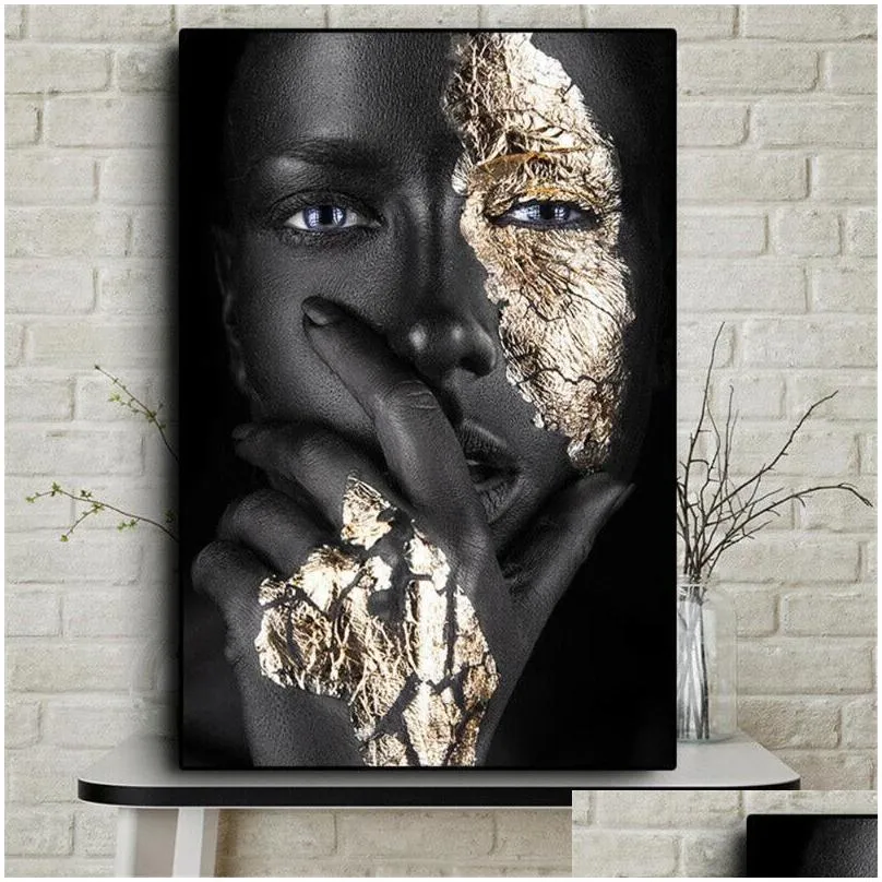 paintings 1pc african black gold modern woman wall art portrait scandinavian canvas print oil painting poster picture home office deco